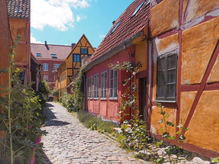 A narrow cobblestone street lined with well-preserved small yellow and red houses in Helsingor, one of the best Copenhagen day trips