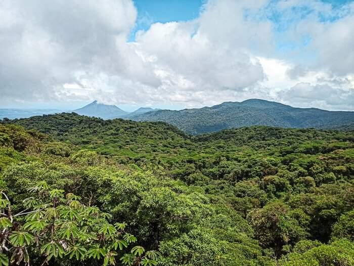 a panoramic view over an abundant rainforest and Arenal Volcano in Santa Elena Cloud Forest reserve