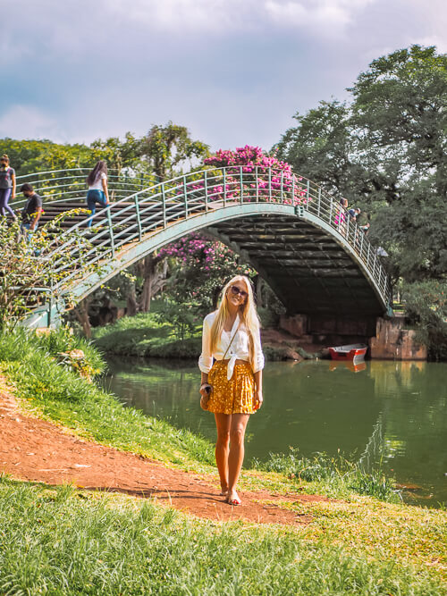Me standing in front of a river and a bridge in Ibirapuera Park.