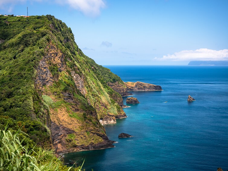 Steep cliffs along the jagged east coast of Flores Island in the Azores.