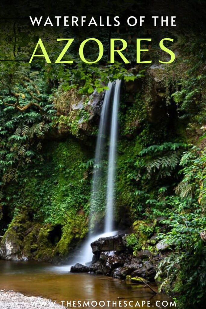 A Pinterest pin with an image of Teofilo waterfall on Sao Miguel and a text overlay stating: Waterfalls of the Azores.