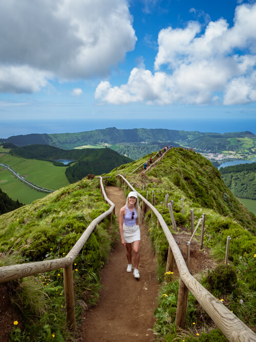 Me walking along the pathway leading to Grota do Inferno viewpoint, one of the best easy hikes in Sao Miguel.