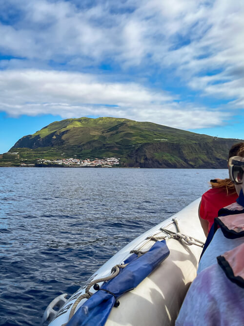 Our white inflatable boat heading towards Corvo Island.