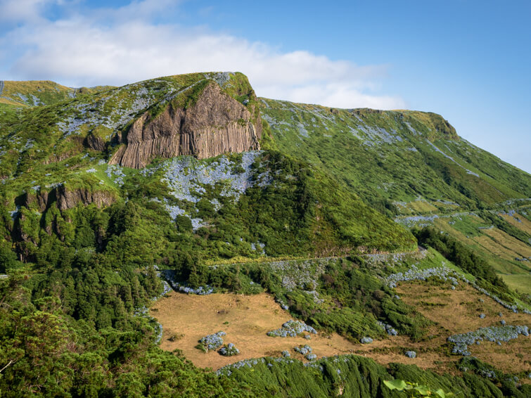 Rocha dos Bordoes rock with its vertical basalt formations amidst mountainous green landscapes and fields of blue hydrangeas.