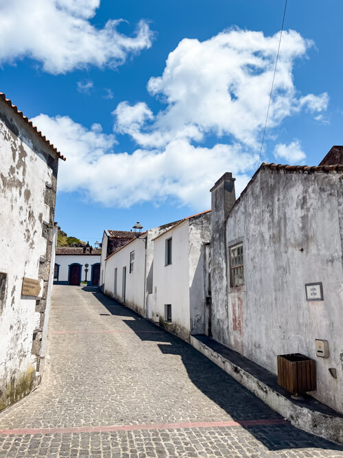 A cobblestone street lined with small white buildings in Vila do Corvo.